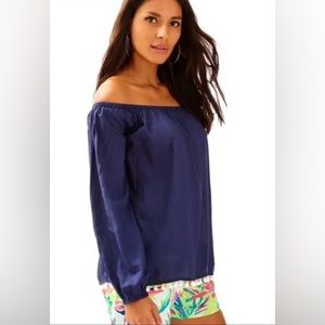 Lilly Pulitzer Enna Top in True Navy Blue with White Pom Poms